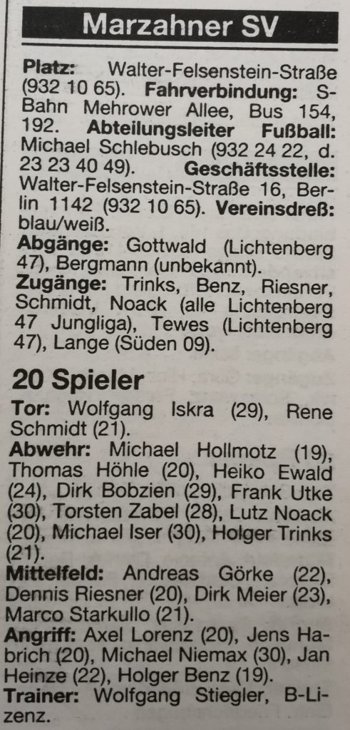 Marzahner SV 1992/93 1. Herren Kader