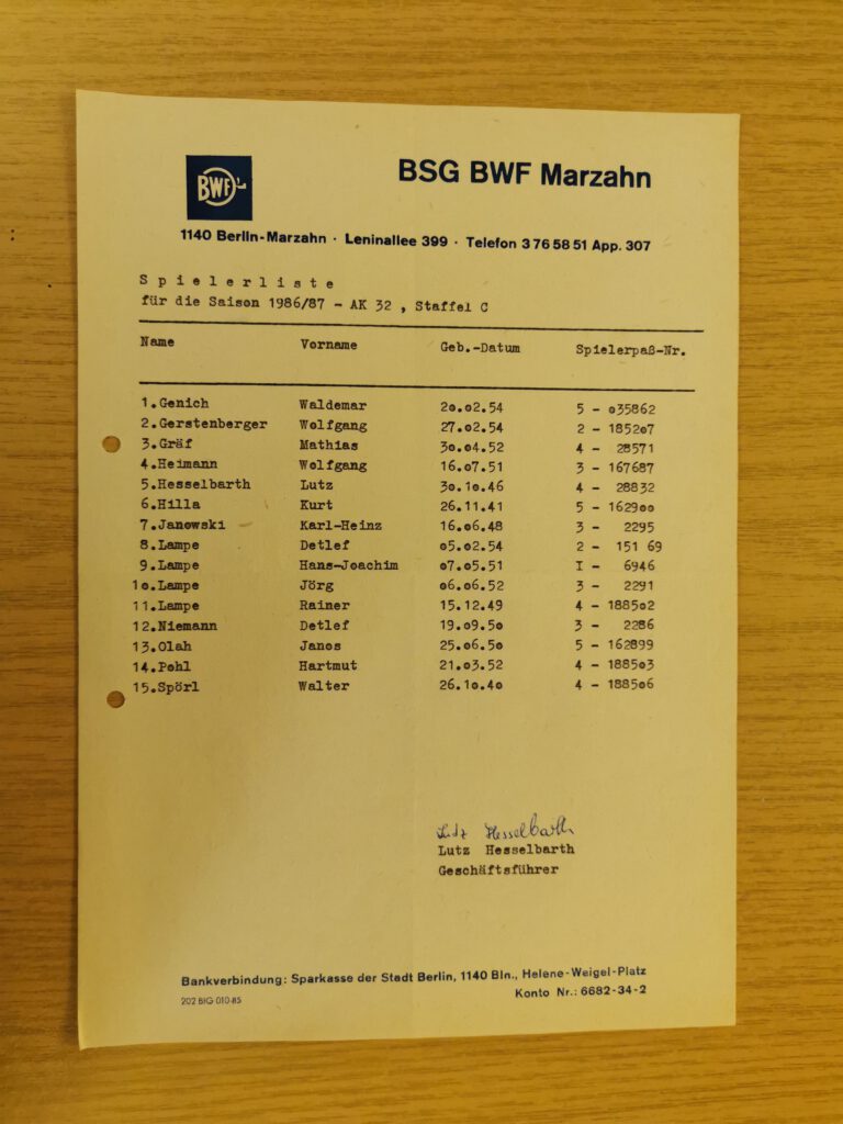 BWF Marzahn Saison 1986/87 Kader Ü32